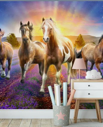 brown horses walking in lavender field wallpaper