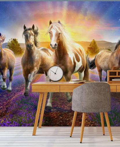 caballos marrones caminando en fondo de pantalla de campo lavanda