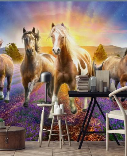 brune hester vandre i lavendel feltet tapet