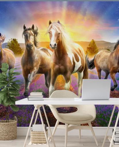 brown horses walking in lavender field wallpaper