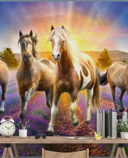 brown horses walking in lavender field wallpaper brown horses walking in lavender field wallpaper