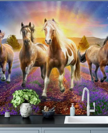 brown horses walking in lavender field wallpaper