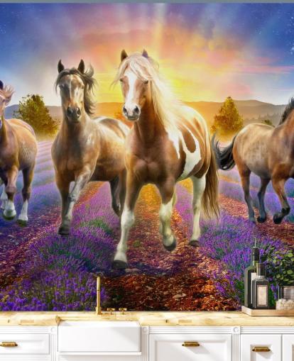 brown horses walking in lavender field wallpaper brown horses walking in lavender field wallpaper