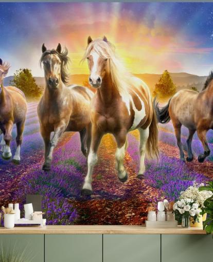 brune hester vandre i lavendel feltet tapet