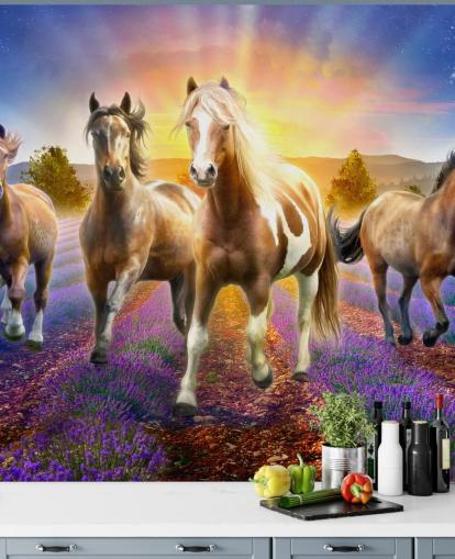 brown horses walking in lavender field wallpaper