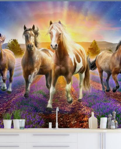 brown horses walking in lavender field wallpaper