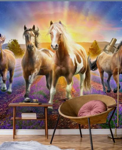 brown horses walking in lavender field wallpaper brown horses walking in lavender field wallpaper