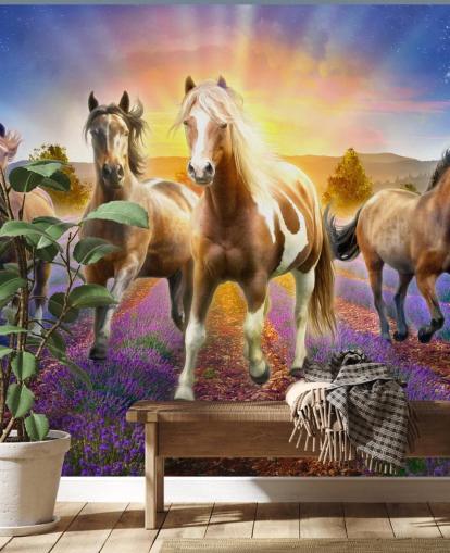 brown horses walking in lavender field wallpaper