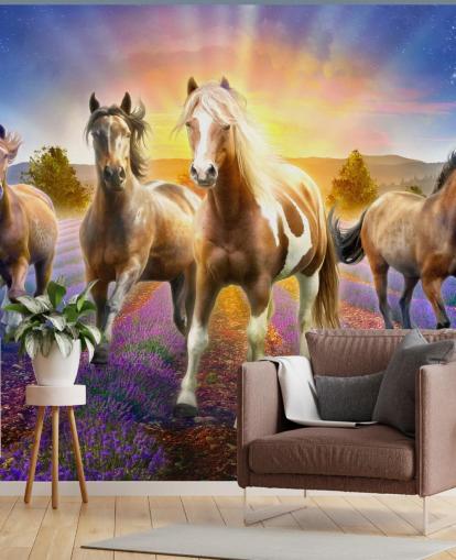 brown horses walking in lavender field wallpaper brown horses walking in lavender field wallpaper