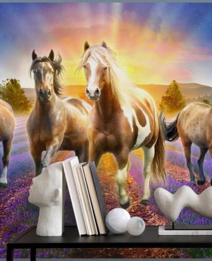 brown horses walking in lavender field wallpaper