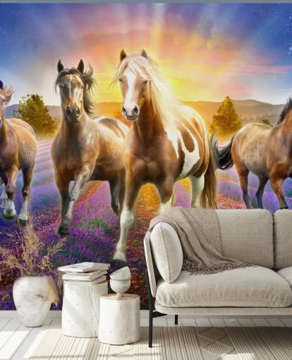 brown horses walking in lavender field wallpaper brown horses walking in lavender field wallpaper