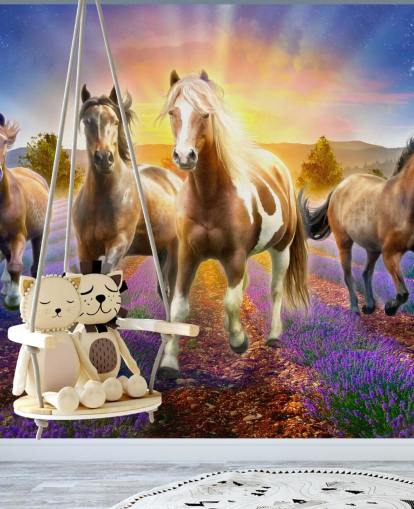 brown horses walking in lavender field wallpaper