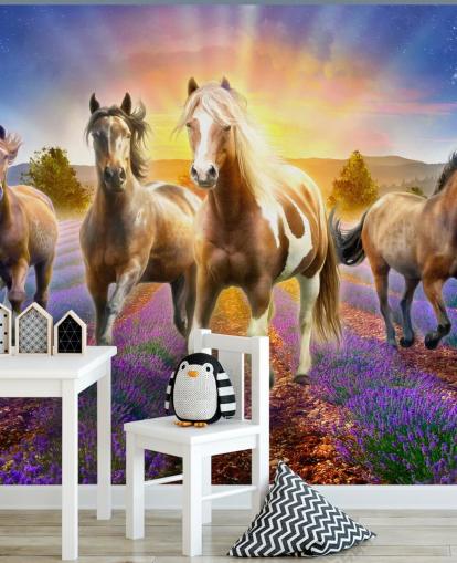 brown horses walking in lavender field wallpaper