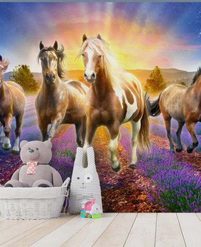 brown horses walking in lavender field wallpaper