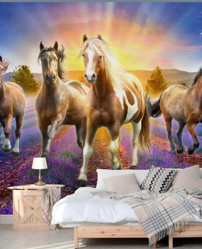 brown horses walking in lavender field wallpaper