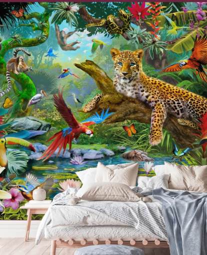 djungeldjur tapetväggmålning som heter Leopard In Jungle av Jan Patrik Krasny för barnens sovrum