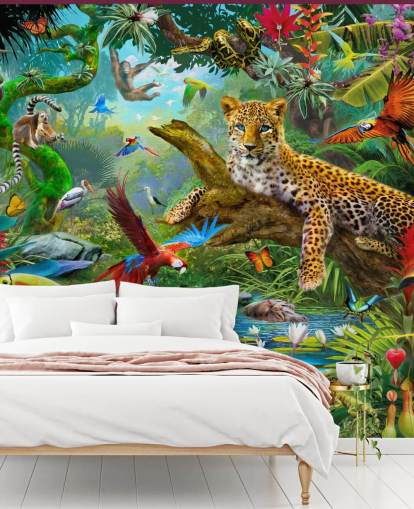 behangmuurschildering met jungledieren genaamd Leopard In Jungle van Jan Patrik Krasny voor kinderkamers