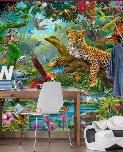Wandbild mit Dschungel-Tapeten namens Leopard In Jungle von Jan Patrik Krasny für Kinderzimmer