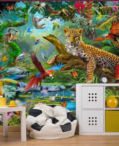 mural de papel pintado de animales de la jungla llamado Leopard In Jungle de Jan Patrik Krasny para dormitorios de niños