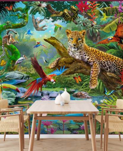 mural de papel pintado de animales de la jungla llamado Leopard In Jungle de Jan Patrik Krasny para dormitorios de niños