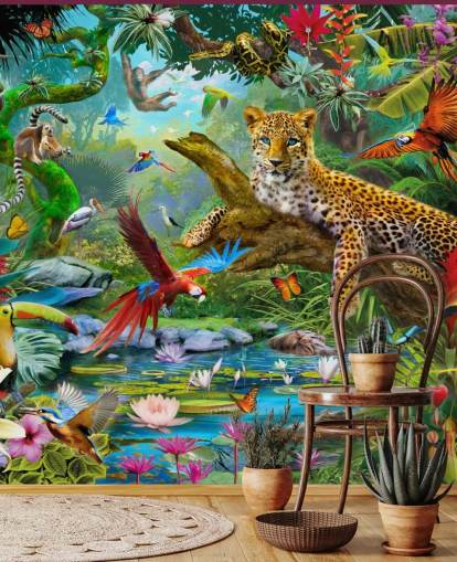 carta da parati murale con animali della giungla chiamata Leopard In Jungle di Jan Patrik Krasny per camerette per bambini