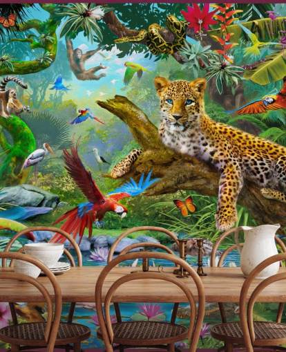 djungeldjur tapetväggmålning som heter Leopard In Jungle av Jan Patrik Krasny för barnens sovrum