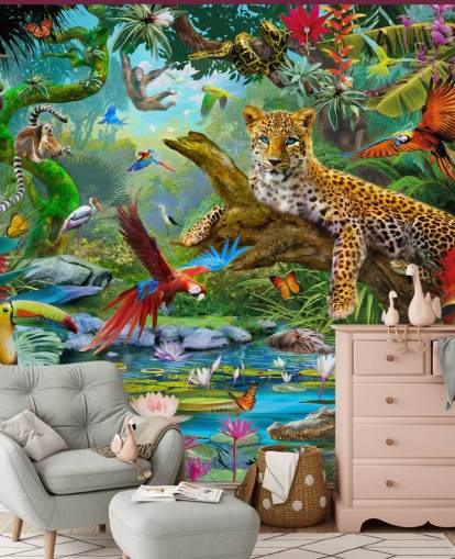 Wandbild mit Dschungel-Tapeten namens Leopard In Jungle von Jan Patrik Krasny für Kinderzimmer