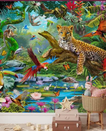 behangmuurschildering met jungledieren genaamd Leopard In Jungle van Jan Patrik Krasny voor kinderkamers