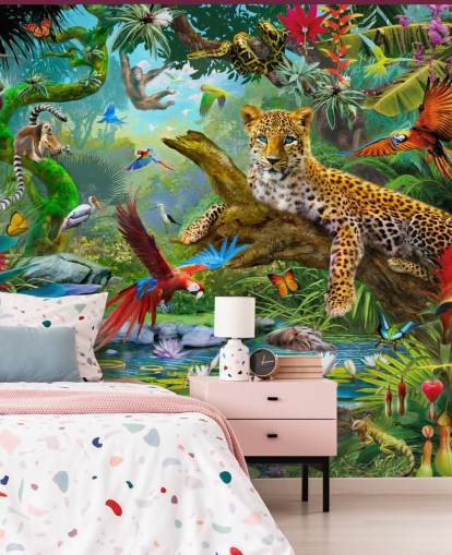Wandbild mit Dschungel-Tapeten namens Leopard In Jungle von Jan Patrik Krasny für Kinderzimmer