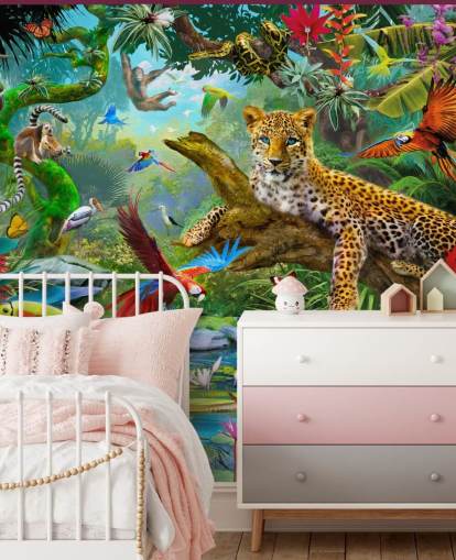 Wandbild mit Dschungel-Tapeten namens Leopard In Jungle von Jan Patrik Krasny für Kinderzimmer