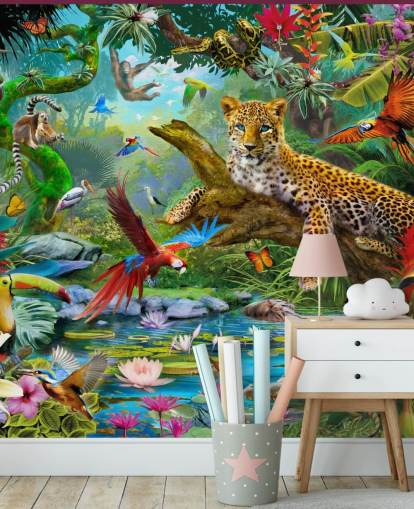 Jan Patrik Krasnyn viidakkoeläinten taustakuvamaalaus nimeltä Leopard In Jungle lasten makuuhuoneisiin