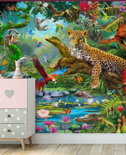 Jan Patrik Krasnyn viidakkoeläinten taustakuvamaalaus nimeltä Leopard In Jungle lasten makuuhuoneisiin Jan Patrik Krasnyn viidakkoeläinten taustakuvamaalaus nimeltä Leopard In Jungle lasten makuuhuoneisiin