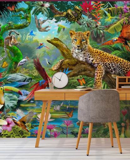 behangmuurschildering met jungledieren genaamd Leopard In Jungle van Jan Patrik Krasny voor kinderkamers behangmuurschildering met jungledieren genaamd Leopard In Jungle van Jan Patrik Krasny voor kinderkamers