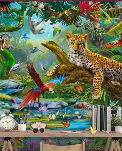 mural de papel pintado de animales de la jungla llamado Leopard In Jungle de Jan Patrik Krasny para dormitorios de niños