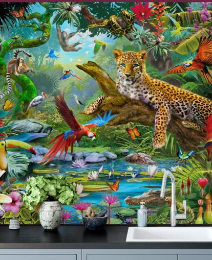 mural de papel pintado de animales de la jungla llamado Leopard In Jungle de Jan Patrik Krasny para dormitorios de niños