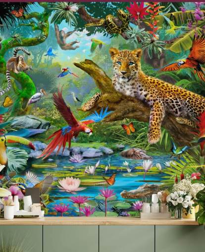 jungle animal wallpaper mural called Leopard In Jungle by Jan Patrik Krasny for kids bedrooms