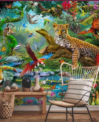mural de papel pintado de animales de la jungla llamado Leopard In Jungle de Jan Patrik Krasny para dormitorios de niños