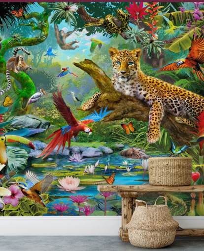 mural de papel pintado de animales de la jungla llamado Leopard In Jungle de Jan Patrik Krasny para dormitorios de niños