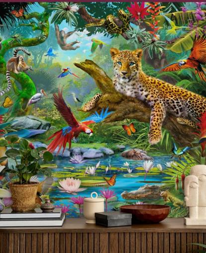 mural de papel pintado de animales de la jungla llamado Leopard In Jungle de Jan Patrik Krasny para dormitorios de niños