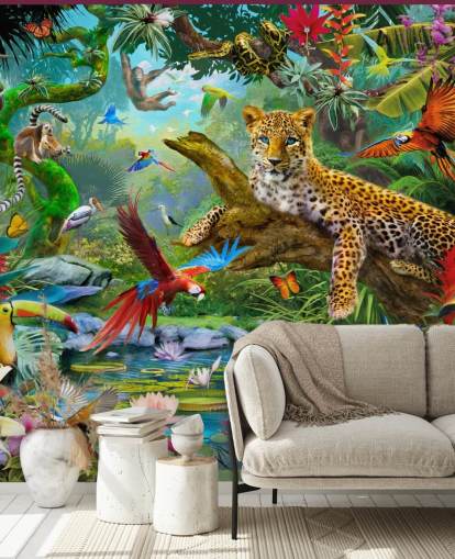 jungle animal wallpaper mural called Leopard In Jungle by Jan Patrik Krasny for kids bedrooms