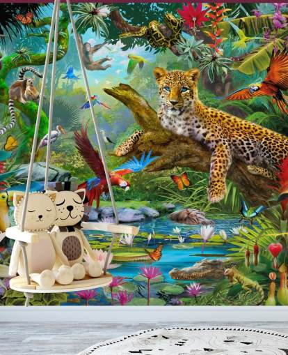 behangmuurschildering met jungledieren genaamd Leopard In Jungle van Jan Patrik Krasny voor kinderkamers