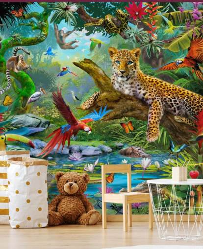 behangmuurschildering met jungledieren genaamd Leopard In Jungle van Jan Patrik Krasny voor kinderkamers