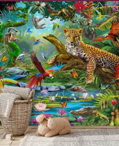 behangmuurschildering met jungledieren genaamd Leopard In Jungle van Jan Patrik Krasny voor kinderkamers