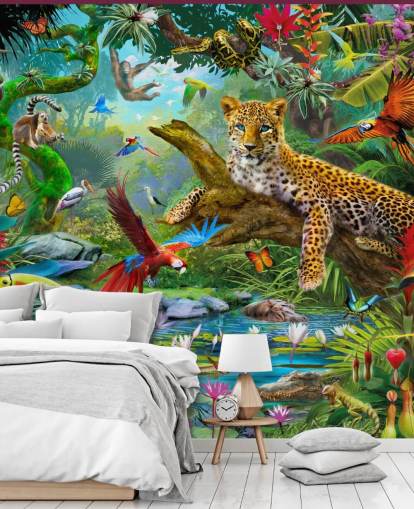 jungle animal wallpaper mural called Leopard In Jungle by Jan Patrik Krasny for kids bedrooms