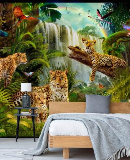 leopardos descansando em um papel de parede de ilustração de selva tropical