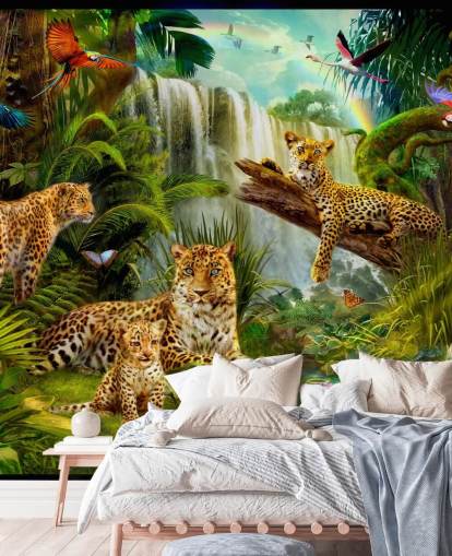 leopardos descansando en un fondo de pantalla de ilustración de selva tropical