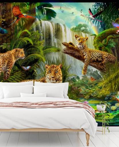 leopards lounging in a tropical jungle illustration wallpaper