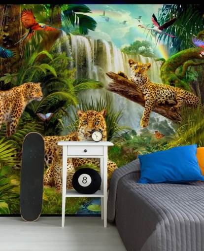 leopardos descansando en un fondo de pantalla de ilustración de selva tropical