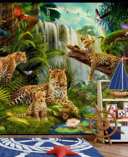leopards lounging in a tropical jungle illustration wallpaper