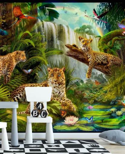 leopards lounging in a tropical jungle illustration wallpaper